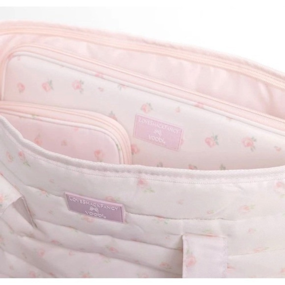 LoveShackFancy x Yoobi Pink Floral Quilted Tote Bag Laptop Sleeve Gold Bow Zip - Picture 3 of 6